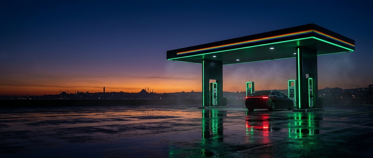 Yeşil ışıklı şarj kanopisi altında şarj olan bir elektrikli otomobil; arkada İstanbul silueti