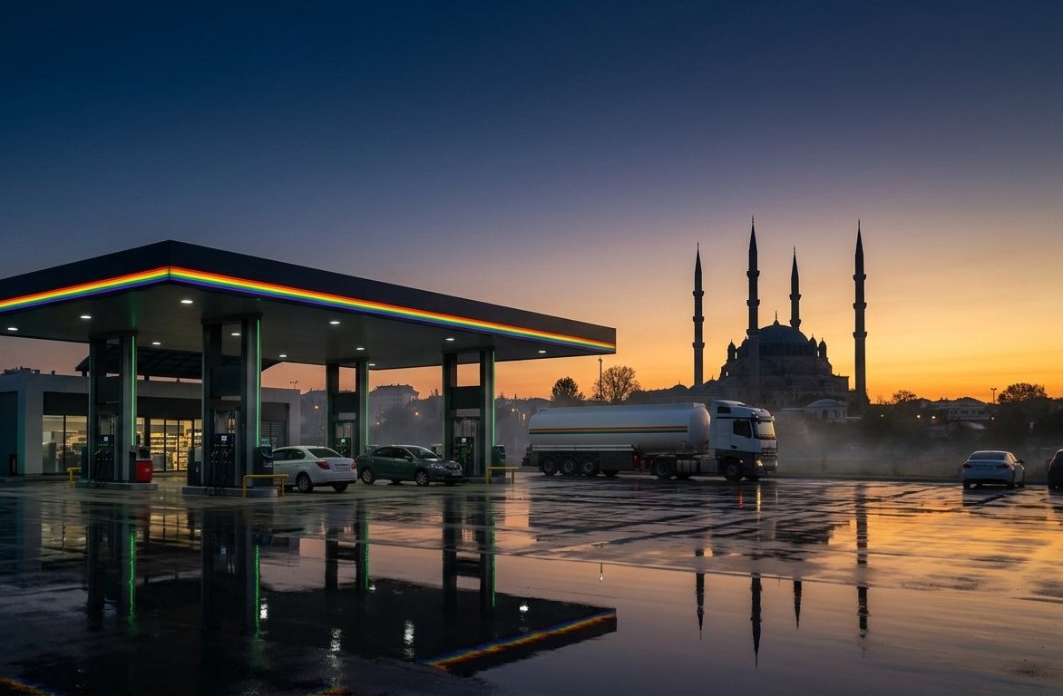 Gökkuşağı Petrol istasyonu: gökkuşağı şeritli kanopi, pompalar ve tanker