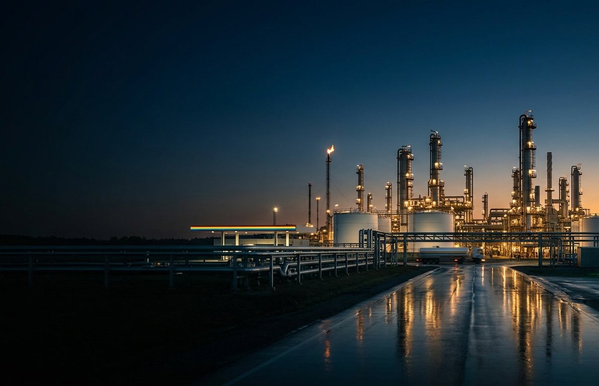 Alacakaranlıkta ışıkları yanan bir rafineri, damıtma kuleleri ve depolama tankları